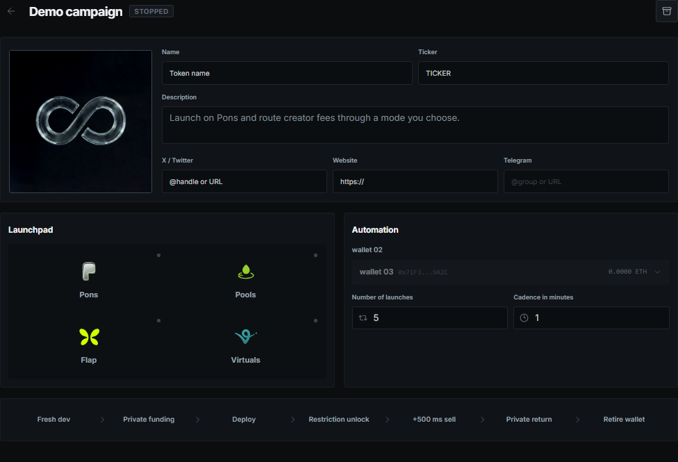 Inside a Kira Fake Launches campaign with token, launchpad, automation and execution flow