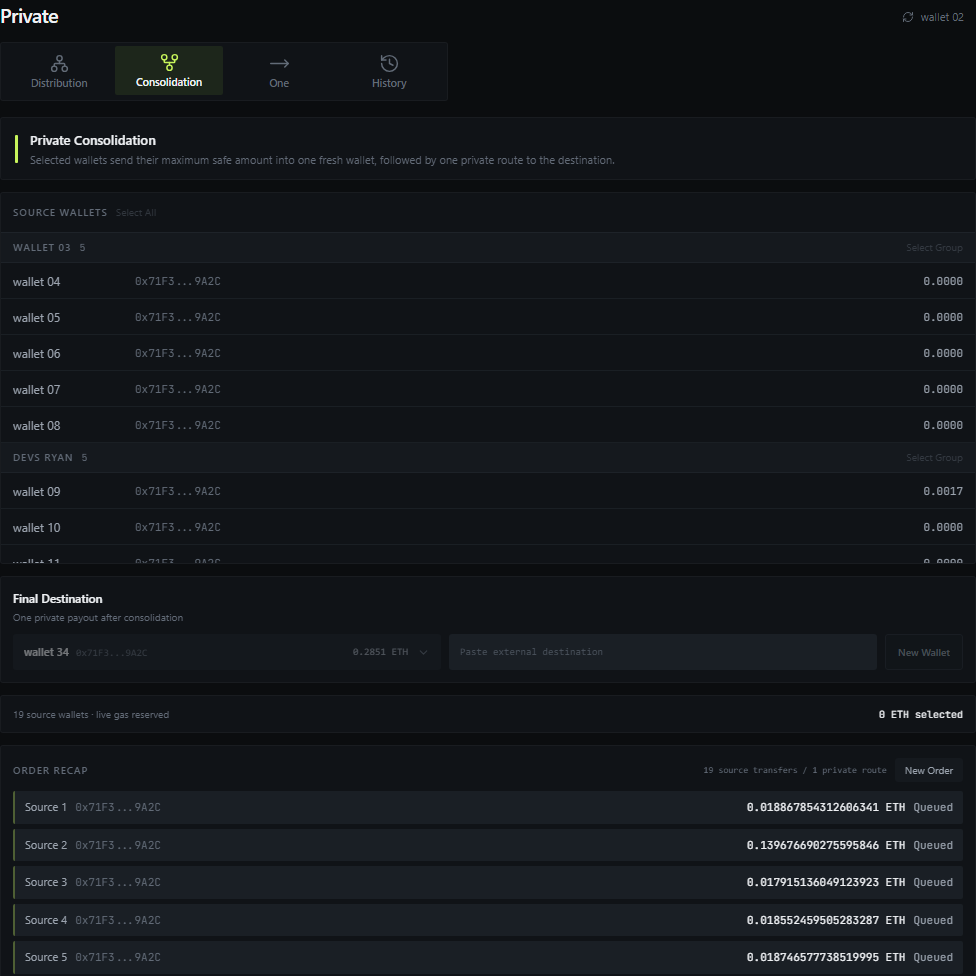 Kira Private Consolidation with source wallets, final destination and order recap