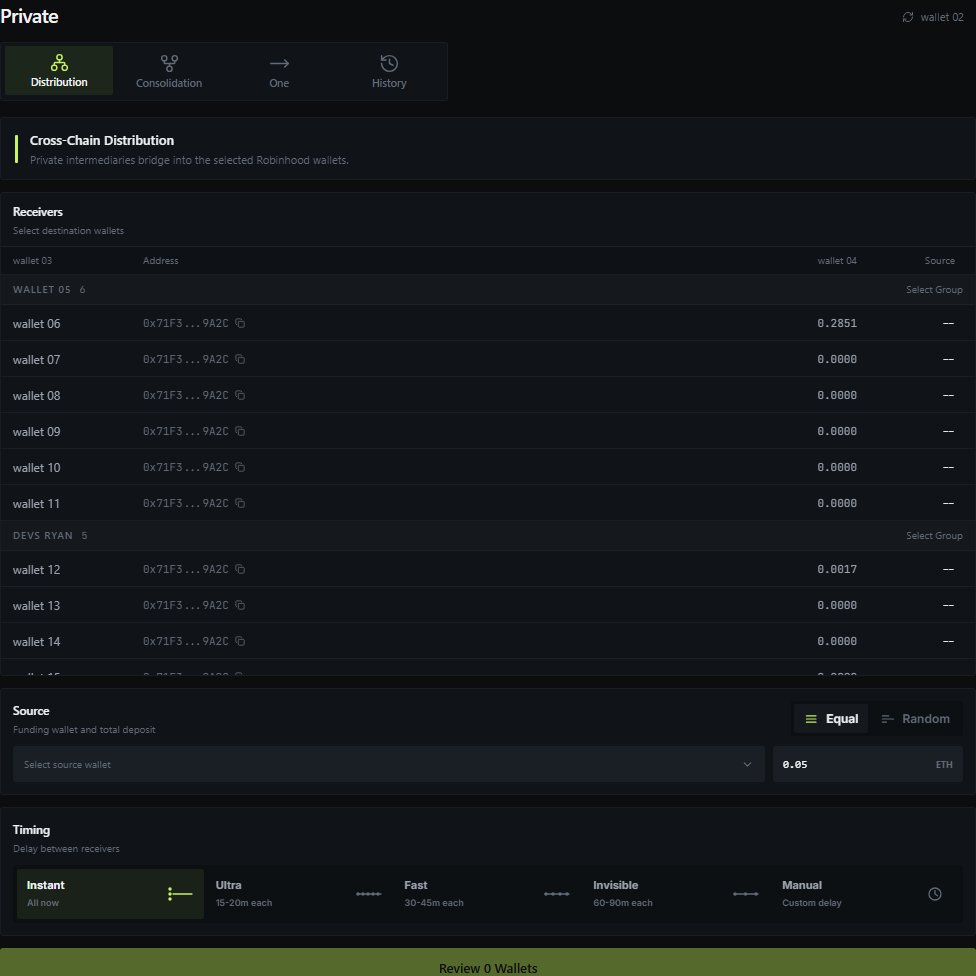 Kira Private Distribution with the receiver list, source selector, amount and timing controls
