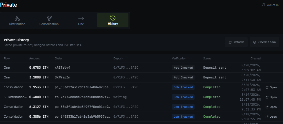 Kira Private Funding history with route statuses and expandable order details