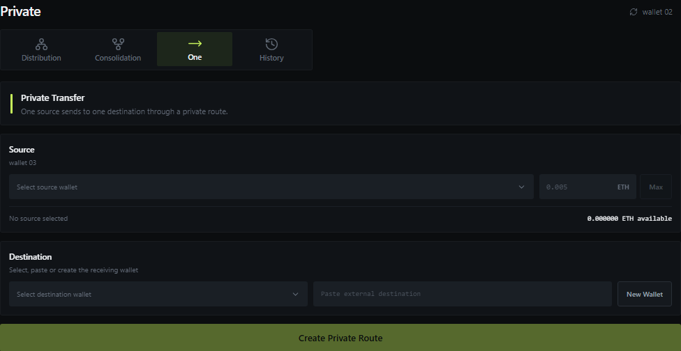 Kira one-to-one private transfer with source, amount and destination controls