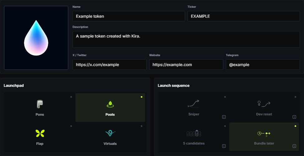 The Kira project Info page with token details, launchpad, and launch mode