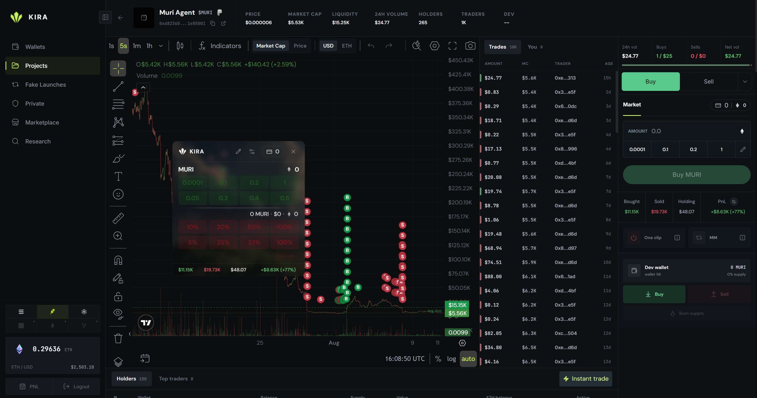 The full Kira trading workspace with TradingView, trade history, trading ticket, Instant Trade, and managed positions