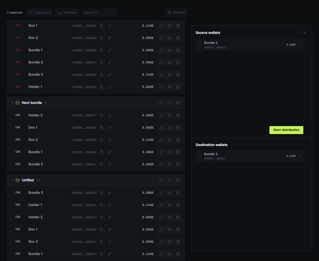 The Kira Wallets page split into the wallet list and drag-and-drop public distribution