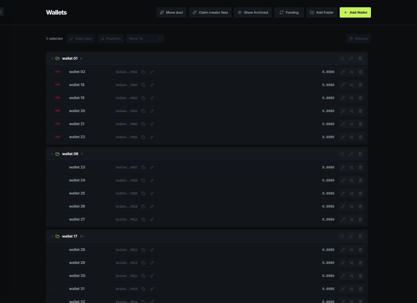 The real Kira Wallets workspace with sanitized wallet data